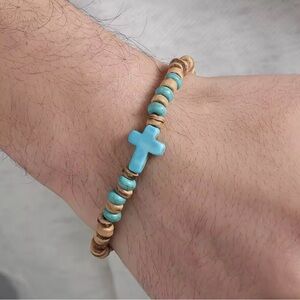 Bohemian Turquoise Cross Beaded Mens Bracelet Coconut shell